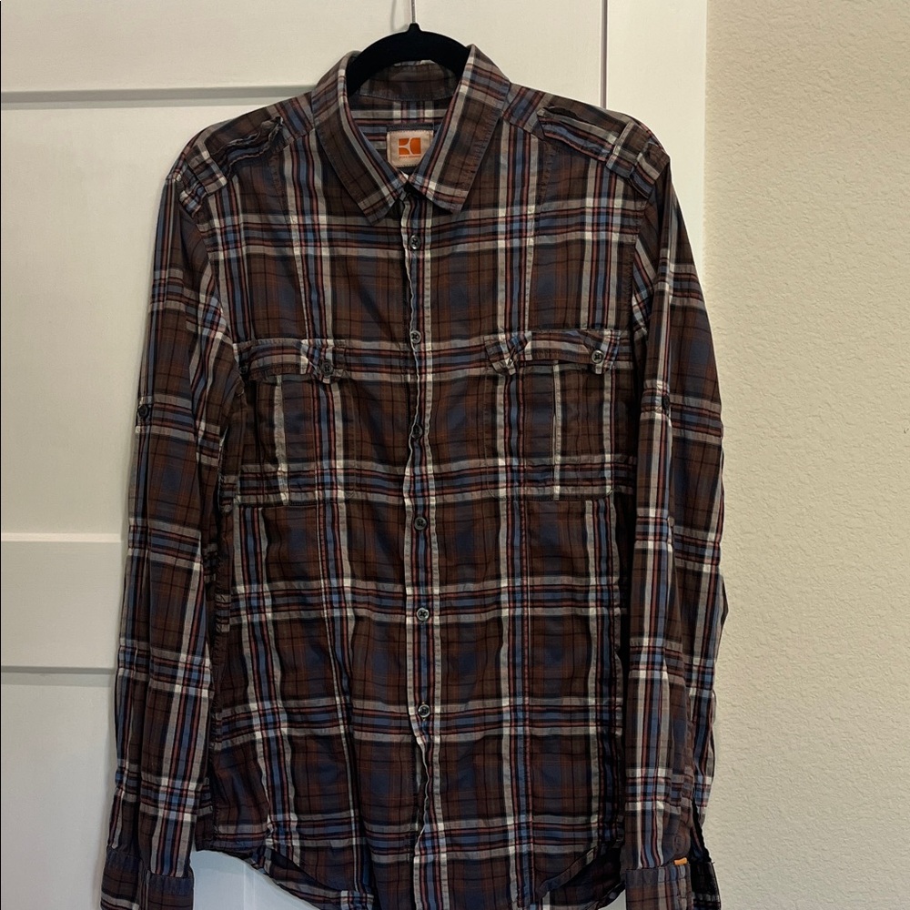 Hugo Boss “Orange” Brown, Tan, Pink, Blue Plaid Casual Button Down Shirt, Latge